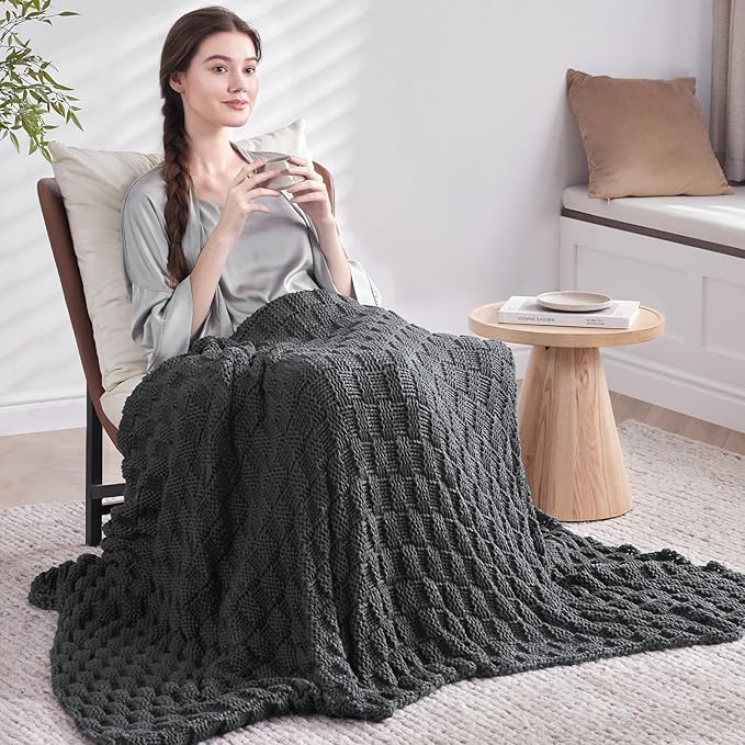 Knitted Weighted Blanket for Adult, No Beads Heavy Blanket 48” x 72'' 12lbs, Breathable Chunky Knit Blanket, Cooling Weighted Blanket for Hot Sleepers, Christmas Home Decor (Dark Grey)