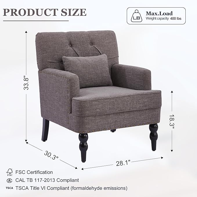 HUIMO Tufted Club Chair with Lumbar Pillow,Upholstered Button Armchair,Accent Reading Chair,Linen Fabric Sofa Chairs for Bedroom, Living Room, Mid Century Modern with Studded Chair Grey