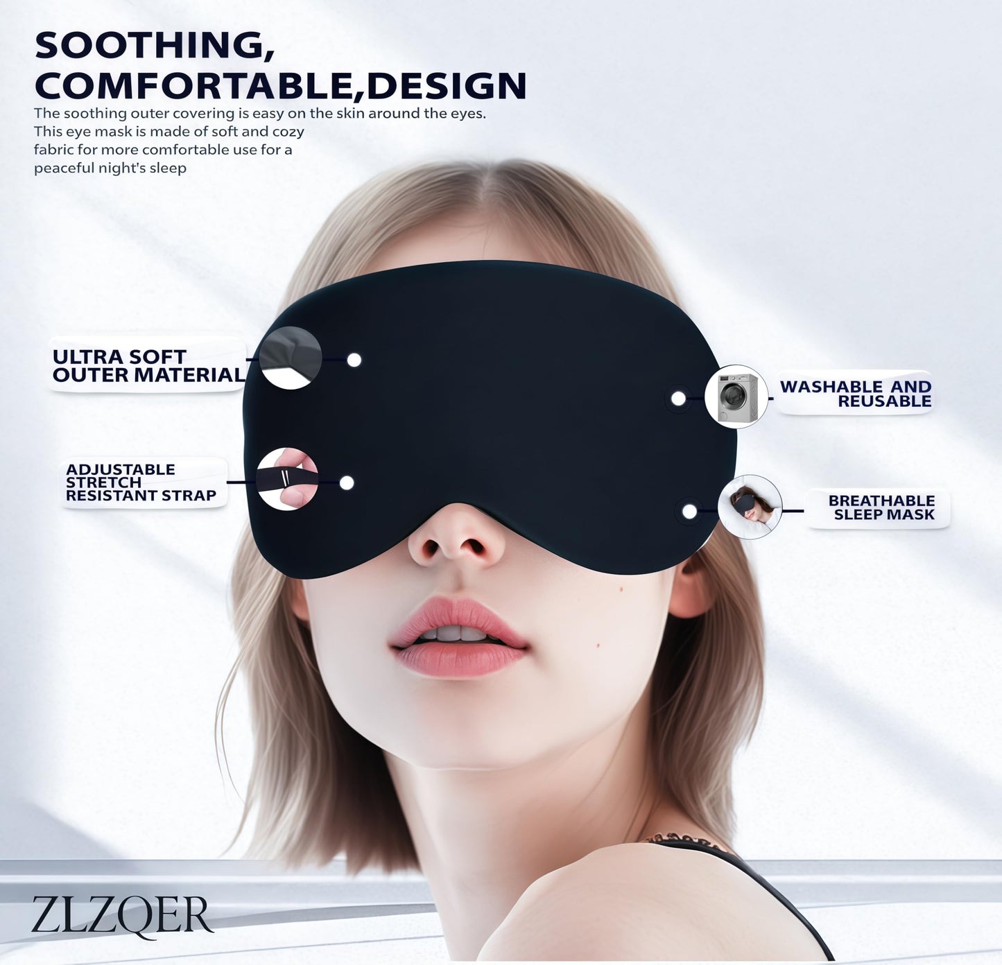 ZLZQER Cooling Cotton Eye Sleep Mask for Men & Women, Soft & Breathable, Pressure-Free Design for Side Sleepers, Adjustable Light Blocking Mask for Sleeping, Travel & Naps (Black)