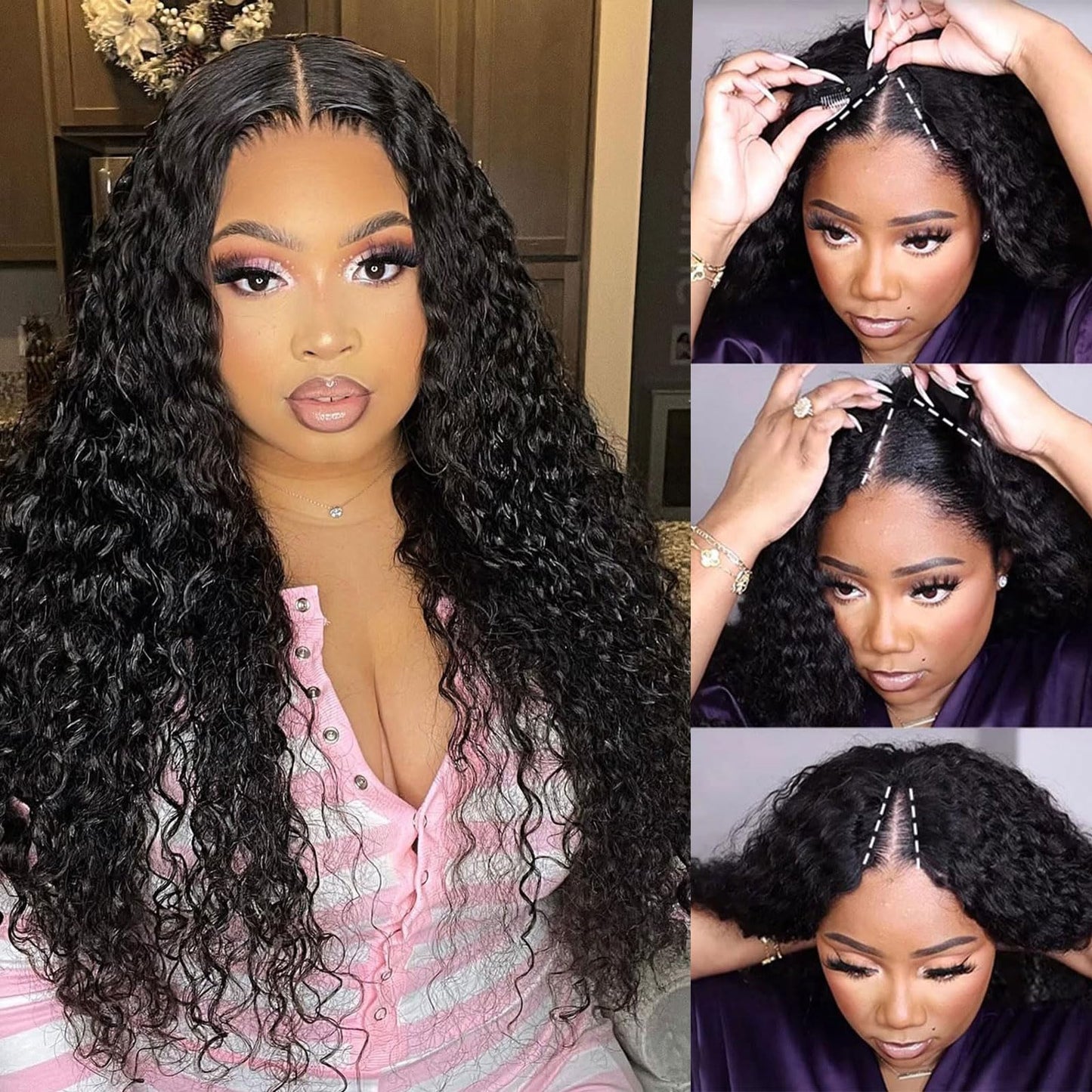 DSEKCAIN Deep Wave V Part Wig Human Hair Glueless Clip In 100% Real Human Hair Deep Curly V-part Wigs No Glue No Sew In Upgrade
