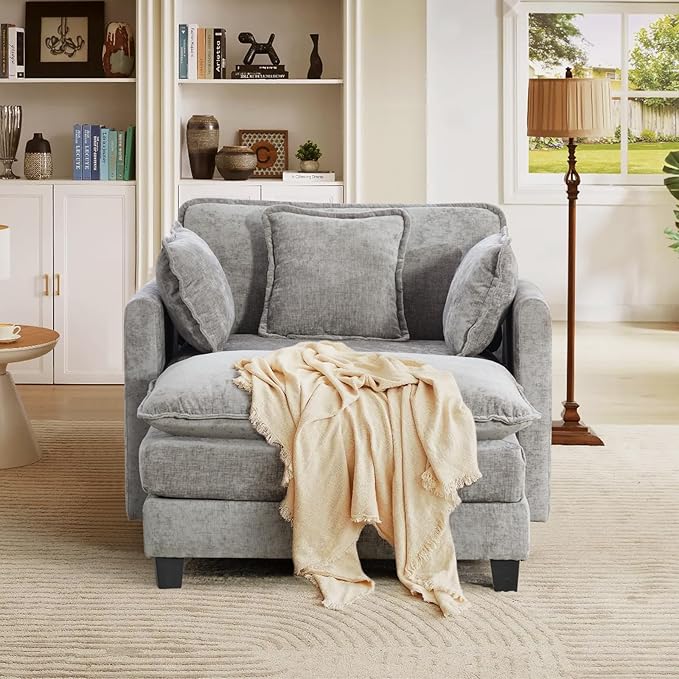 SoarFlash Chenille Sectional Sofa, Comfy Modular Single Sofa with Ottoman, Modern Recliner Deep Seat Sofa Set for Living Room,Grey