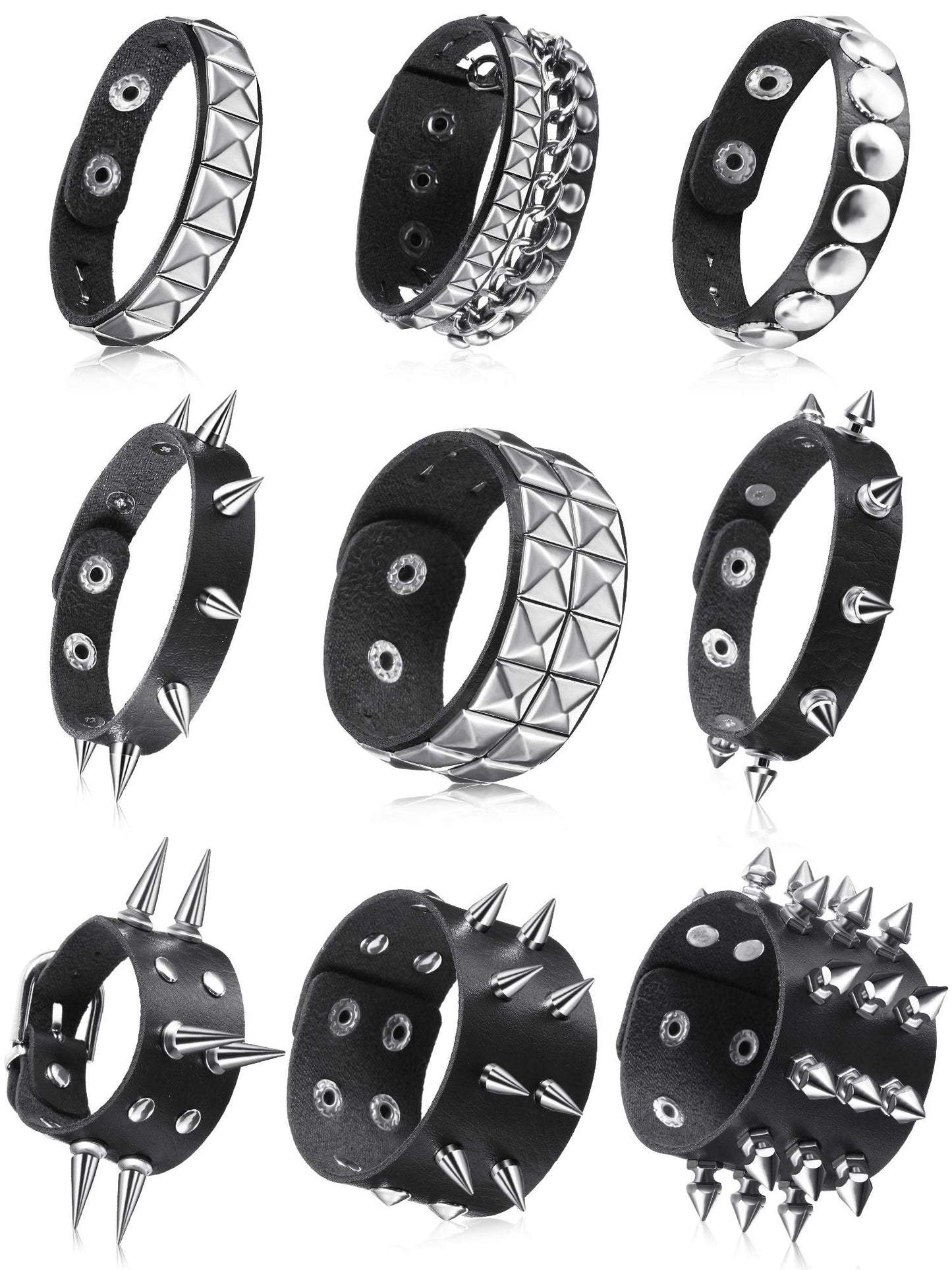 Hicarer 9 Pieces Spiked Studded Bracelet Black Leather Rivet Punk Bracelet Cuff Wrap Bangle Snap Button Metal Wristband for Men