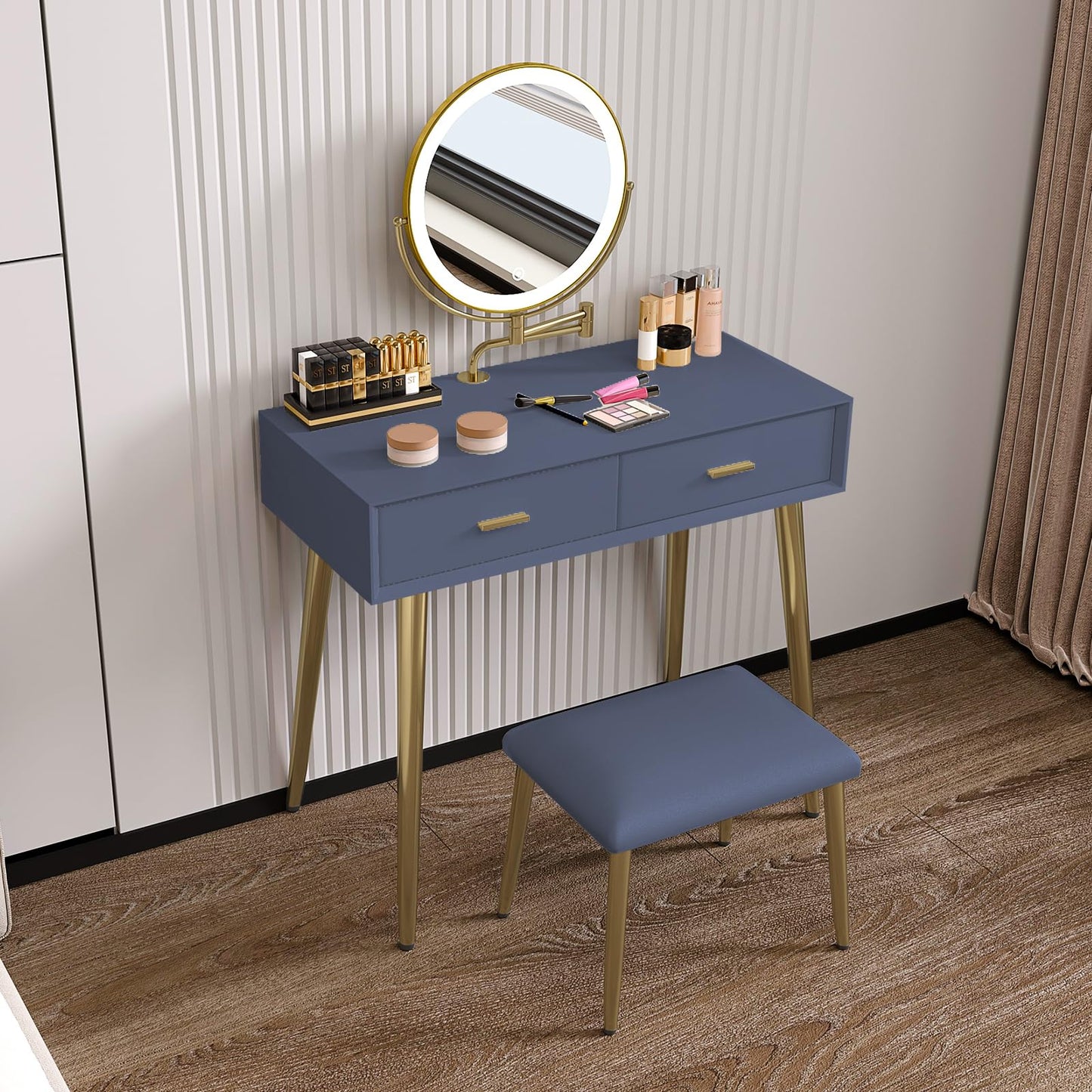 HIMAmonkey Vanity Desk Set with 360° Rotating Mirror and Lights, Small Makeup Vanity with Microfiber Leather, Vanity Table with 2 Drawers, Stool, 3 Lighting Modes - 31.5in Blue
