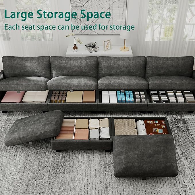 OhaiAura Modular Sectional U Shaped Sofa Couches for Living Room, Cloud Couch with Storage Ottoman, Comfy Chenille Sofa with Pillow, Dark Gray