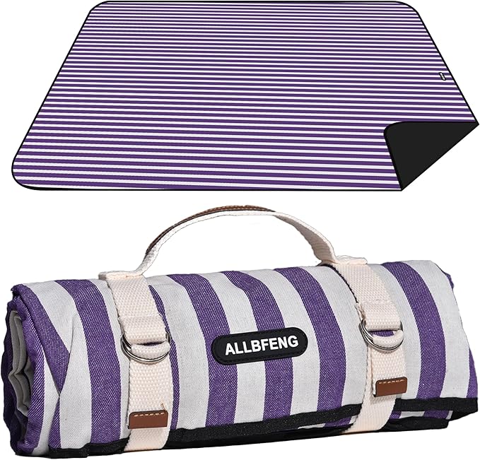 ALLBFENG 60”x 80” Picnic Blanket Waterproof and Foldable Beach Blanket, 5-Layer Outdoor Mat with Carry Strap for 6 to 8 Ad...