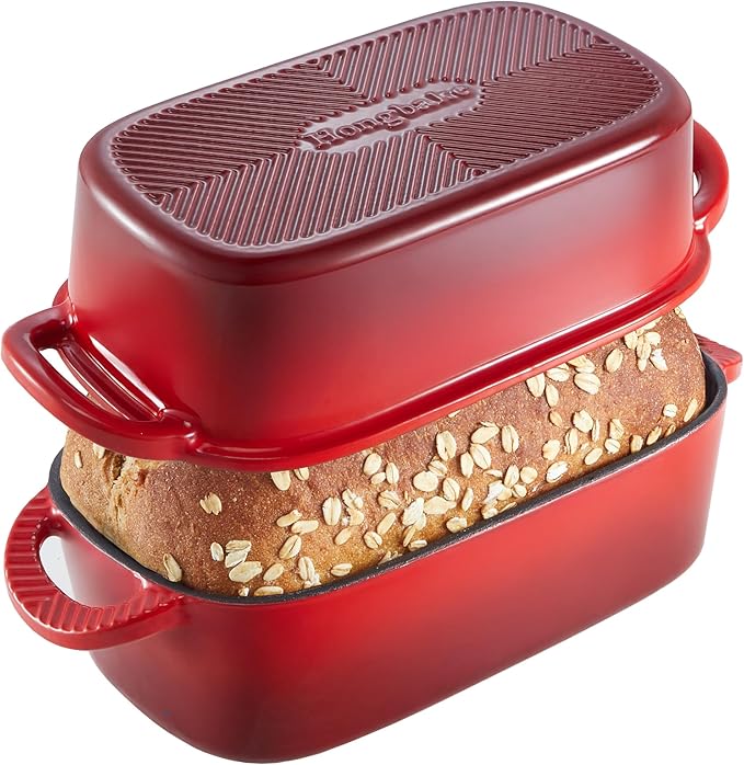 HONGBAKE Everline Collection 2 in 1 Enameled Cast Iron Loaf Pan with Lid, 9x5 Bread Pans for Baking Homemade Sourdough, Non-Toxic Large Loaf Tins, Even Heating Bread Dutch Oven, Red