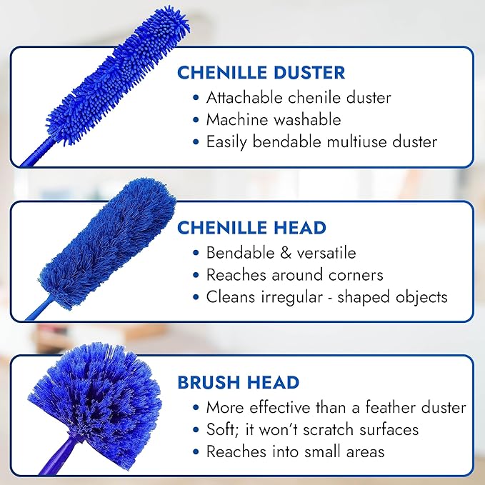 New U.S. Duster Company Triple Action High Reach Dusting Kit | Webster Cobweb Ceiling Fan Duster with 13 to 20 Foot Extension Telescope Pole | Lightweight Microfiber Cleaning Set…