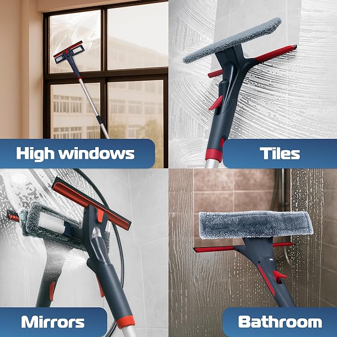 DSV Standard Professional Window Squeegee for Window Cleaning, 2 in 1 Rotatable Window Cleaning Squeegee Kit with Extension Pole, 62” Window Cleaning Tool for Indoor/Outdoor High Windows, Home, Car