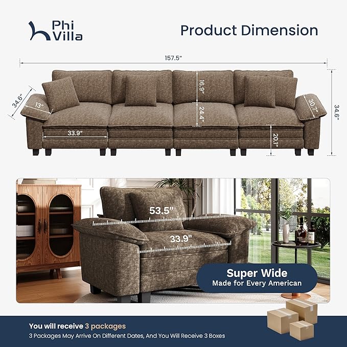 PHI VILLA Cloud Modular Couches Sets, 157.5" Sectional Sofa with Upholstered Deep Seat, 4-Seater Long Couches for Living Room Apartment, Chenille Fabric, Taupe