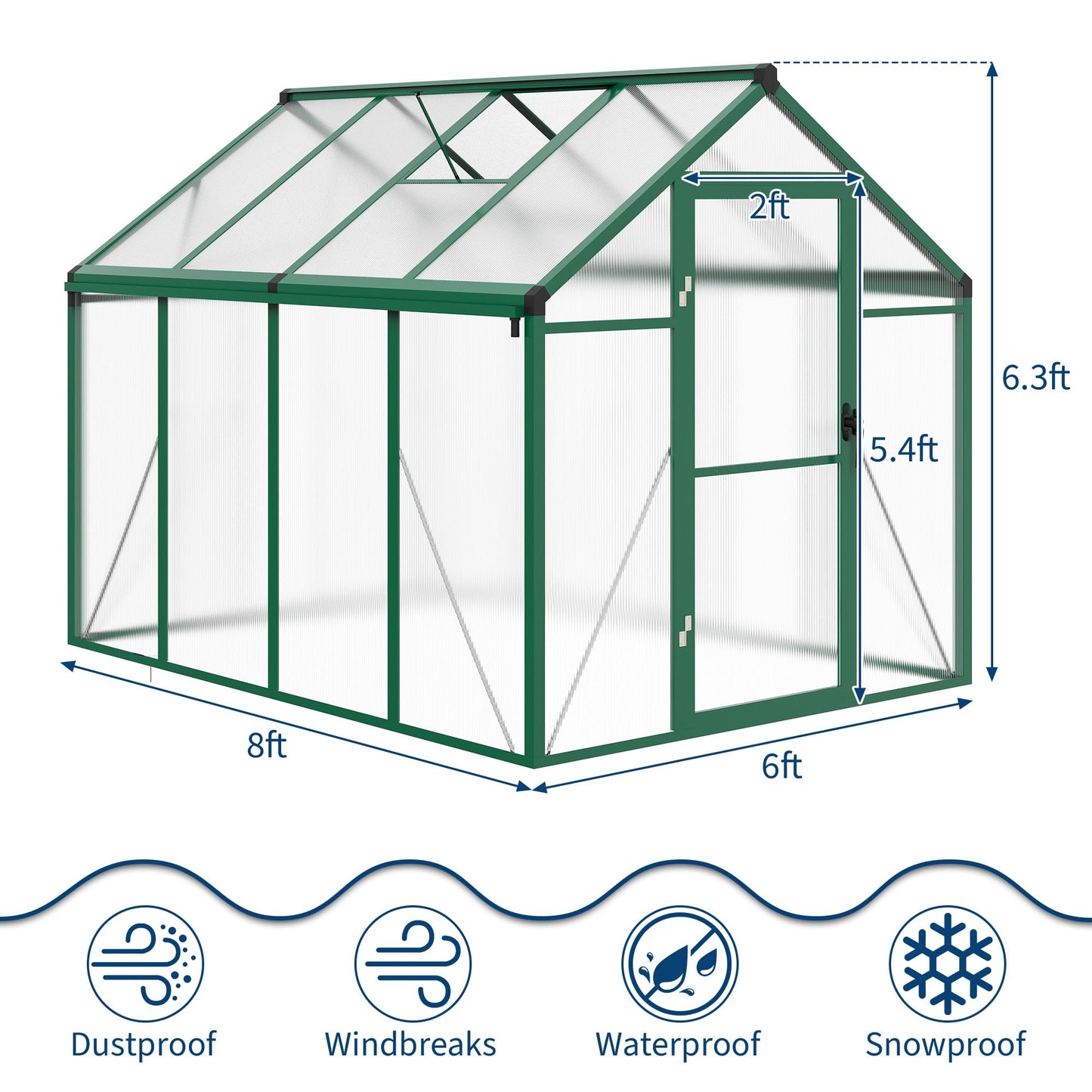 Greenhouse, 6x8 Ft Outdoor Greenhouses, Greenhouse Kit, Portablee Greenhouses with Ground Nails and Vent Windows, Sliding Lockable Door, Polycarbonate Green House for Outside Garden Backyard, Green