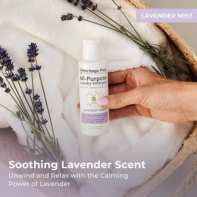 Heritage Park Luxury Laundry Detergent | Dermatologist Tested Plant based Natural & Enzyme Laundry Detergent | Sensitive Skin Friendly - Lavender Mist (4 fl oz Trial Size)
