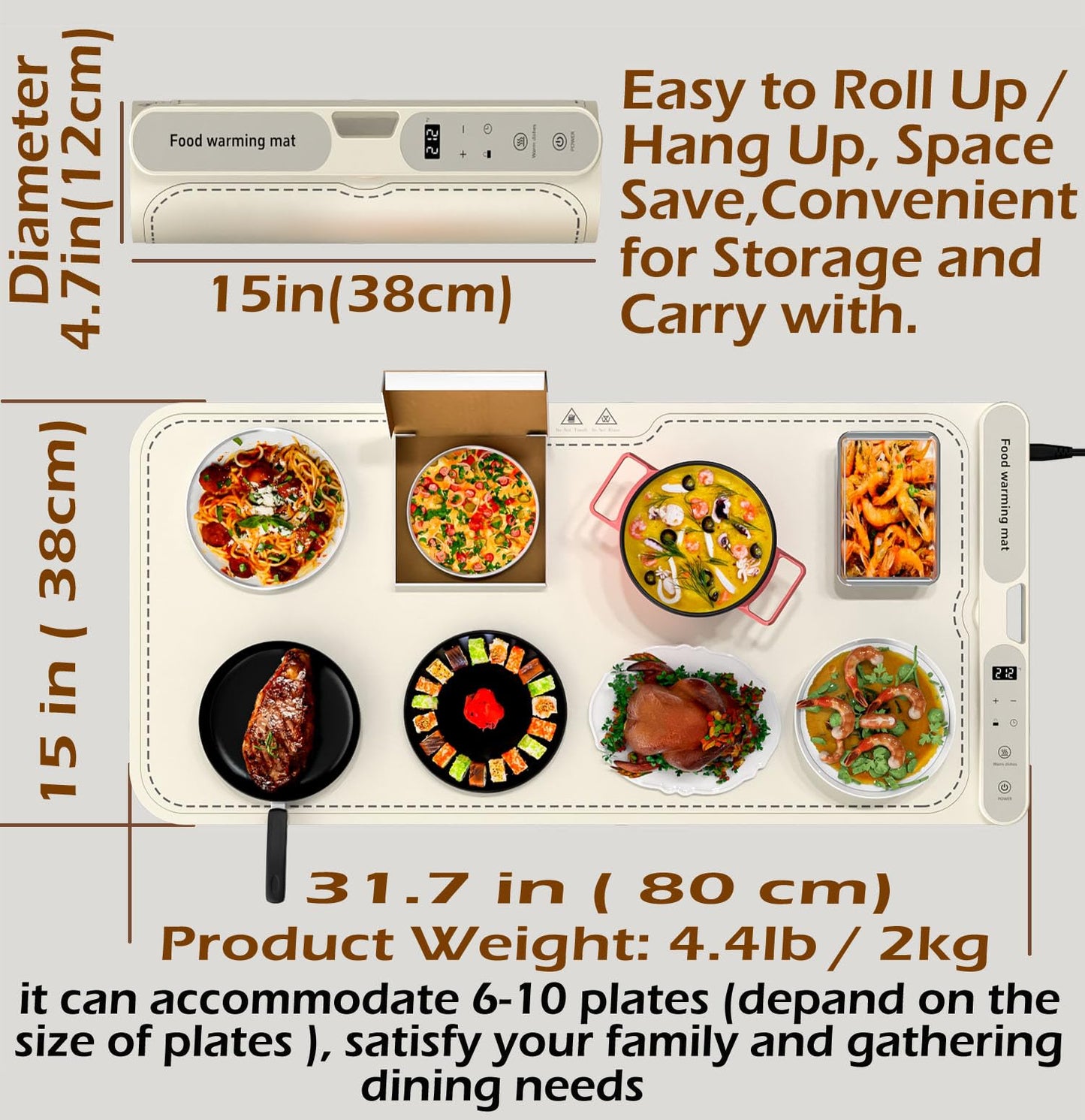 Warming Mat for Food - Electric Warming Tray, XL(32"x15") Food Warmer Mat with Fast Full Surface Heating, Silicone Heating Mat for Party Buffet, Great Gift for Women, Hosts, New Homeowners (Beige)