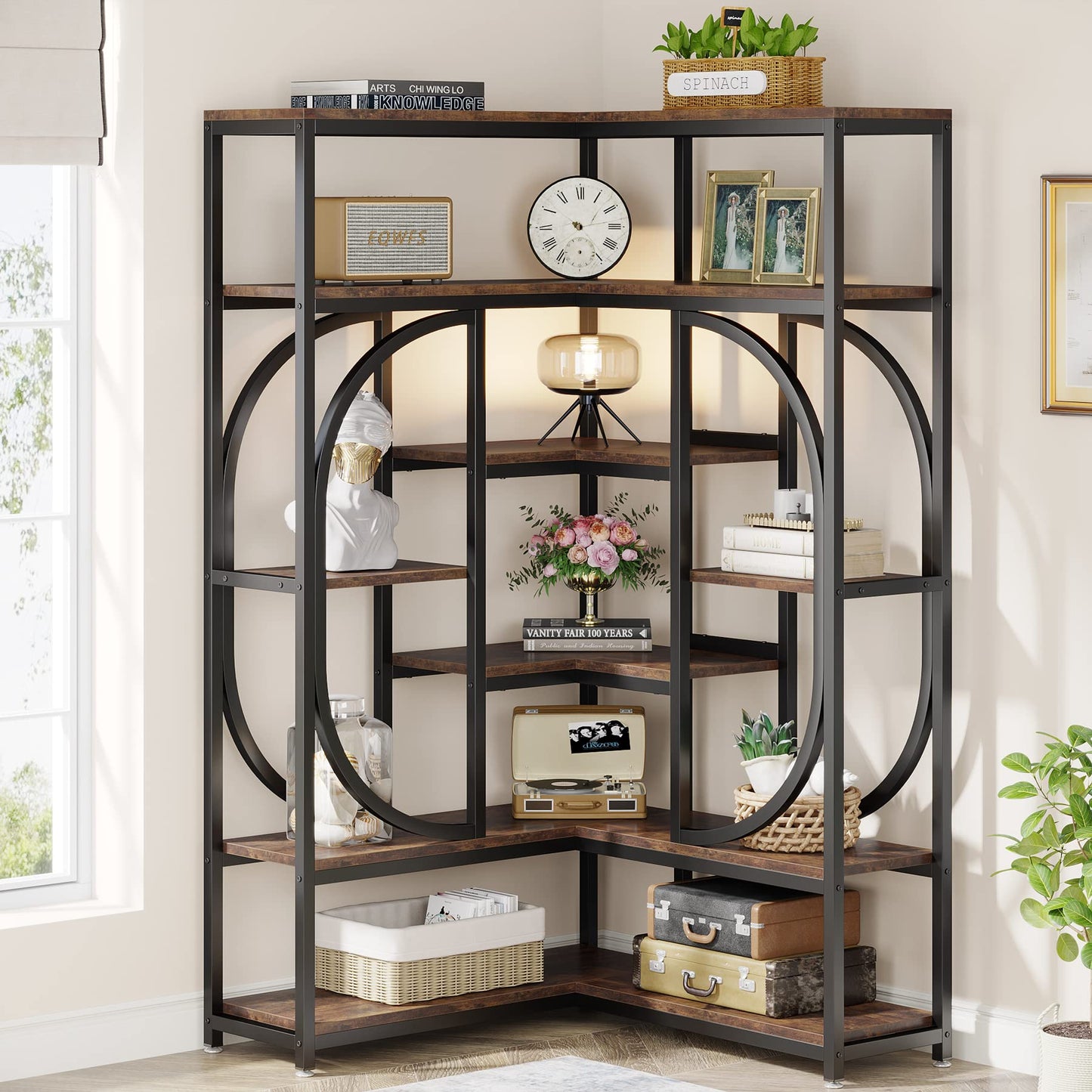 Tribesigns 7-Shelf Corner Bookshelf, Large Modern Corner Bookcase, Tall L-Shaped Corner Shelf Stand Display Rack with Storage, Metal Frame for Living Room Home Office (Rustic Brown)