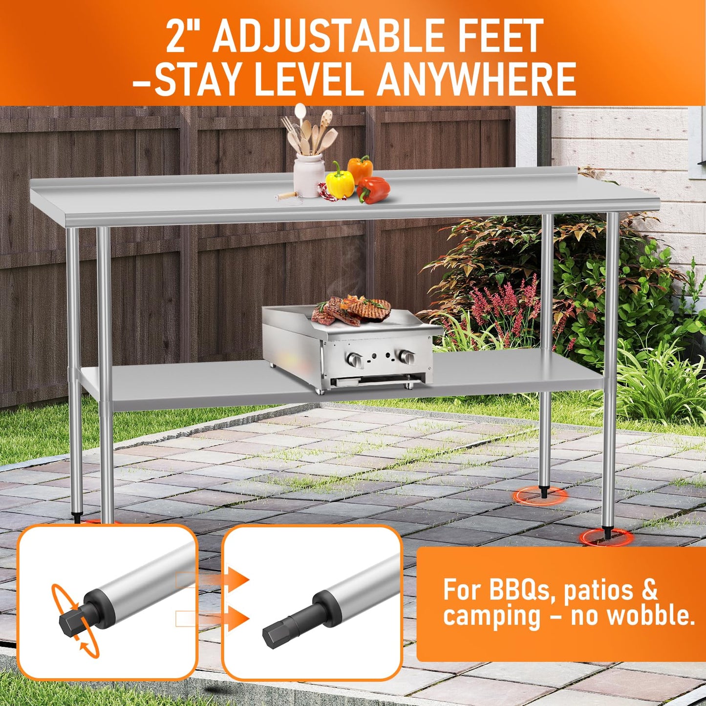 HOCCOT Stainless Steel Table 24" x 60" with Adjustable Undershelf and Backsplash, Commercial Metal Workstations for Kitchen, Garage, Outdoor BBQ
