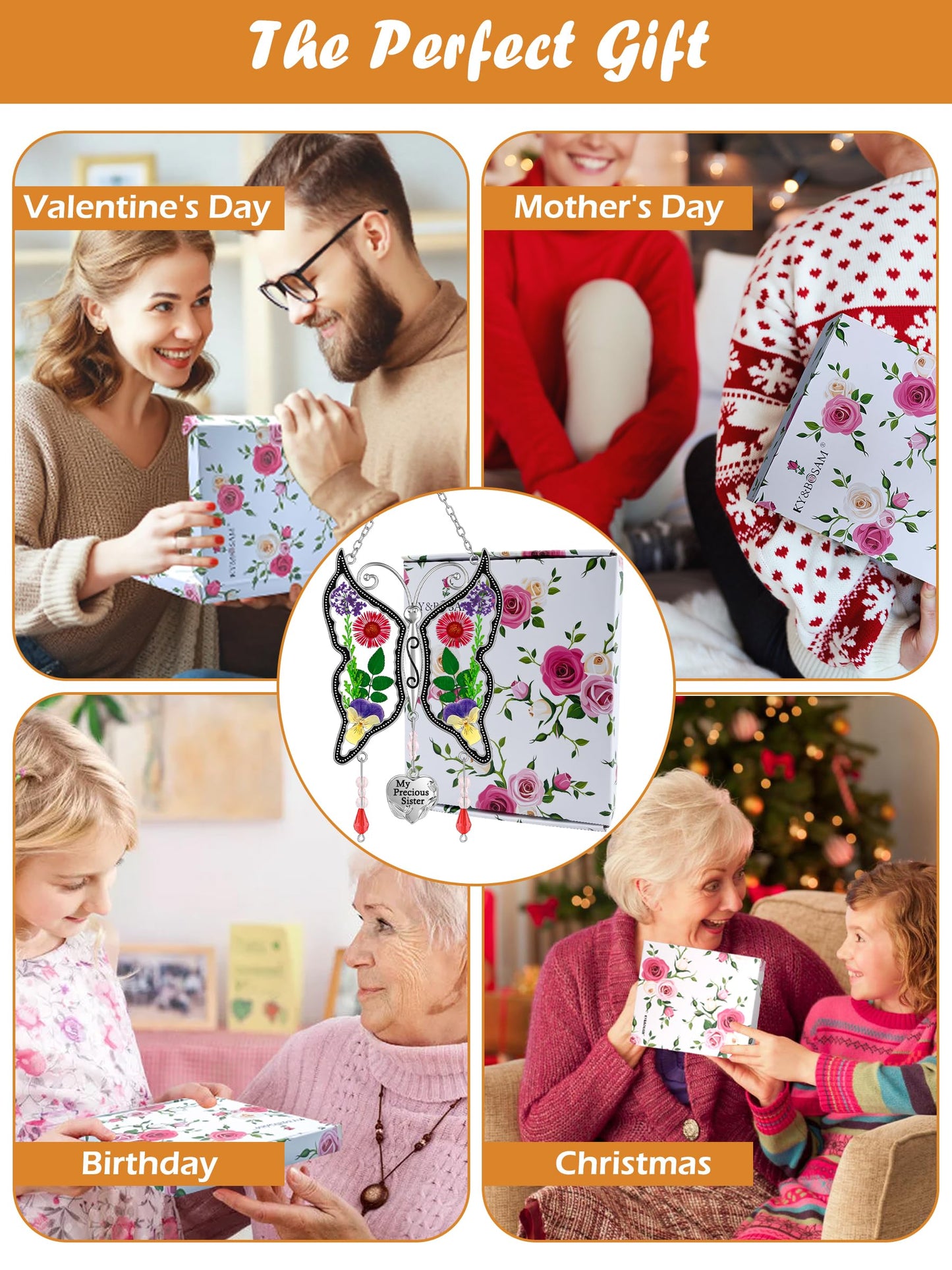 KY&BOSAM Gifts for Sister Suncatcher Butterfly My Precious Sister Stained Glass Catchers for Window Hanging Wind Chime Real Flower Wings and Heart Charm Gift for Sister Mother`s Day Birthday Christmas