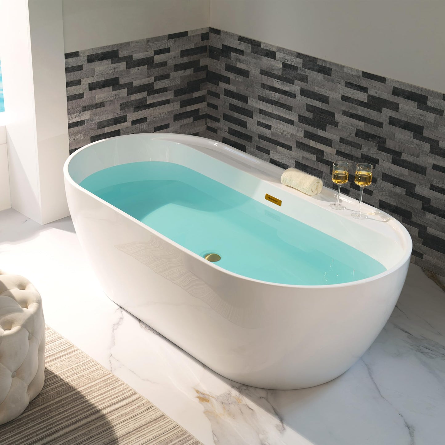 WOODBRIDGE 72" Acrylic Freestanding Bathtub Contemporary Soaking White Tub with Brushed Gold Overflow and Drain,B0059-BG