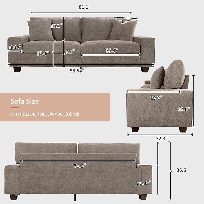 DOPEDIO Modern Loveseat Sofa for Living Room,Chenille Recliner, Removable Cover, Spring Cushions, Solid Wood Frame, Easy Assembly for Small Spaces (88.58inch，Brown)