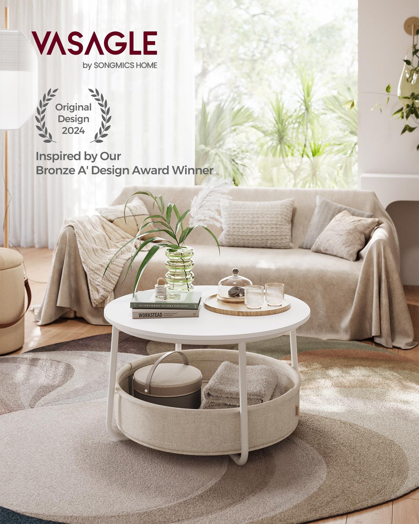 VASAGLE Coffee Table with Storage, Round Center Table for Living Room with Fabric Basket, Modern Style, Metal Frame, Matte White and Camel Brown ULCT244W10
