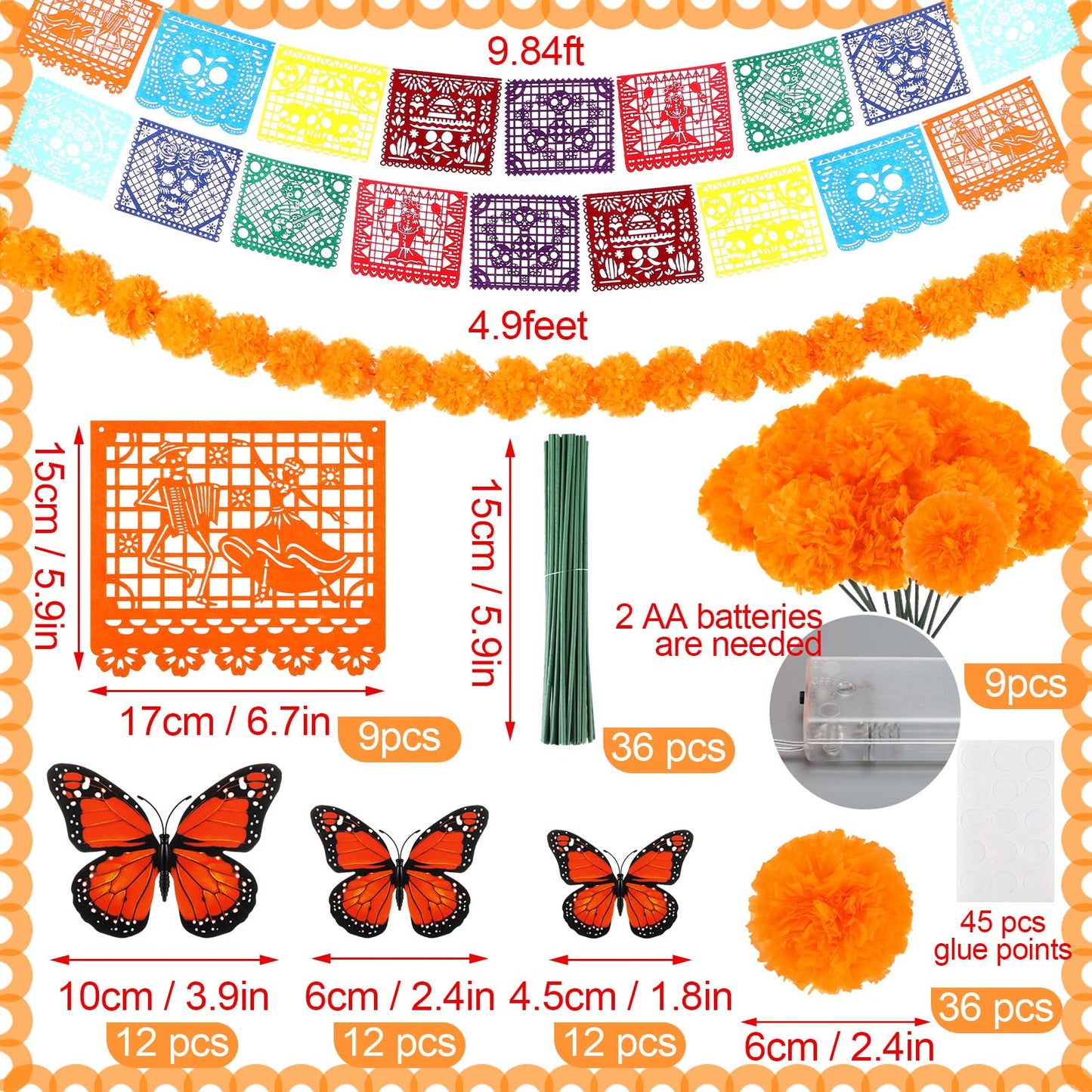 Colingmill 76 Pcs Dia De Los Muertos Decorations Set Ofrenda Altar Wooden Shadow Box Day of The Dead Banners Light up Marigold Mexican Papel Picado Butterfly Hanging Garlands for Altar Decor Supplies
