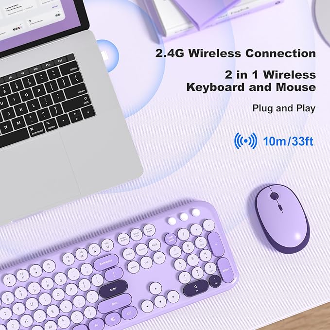 Wireless Keyboard and Mouse Combo, MOWUX Full Size Typewriter Retro Round Computer Keyboard, Cute Optical Mouse Wireless, Plug and Play, for Laptop, PC, Computer- Violet Field