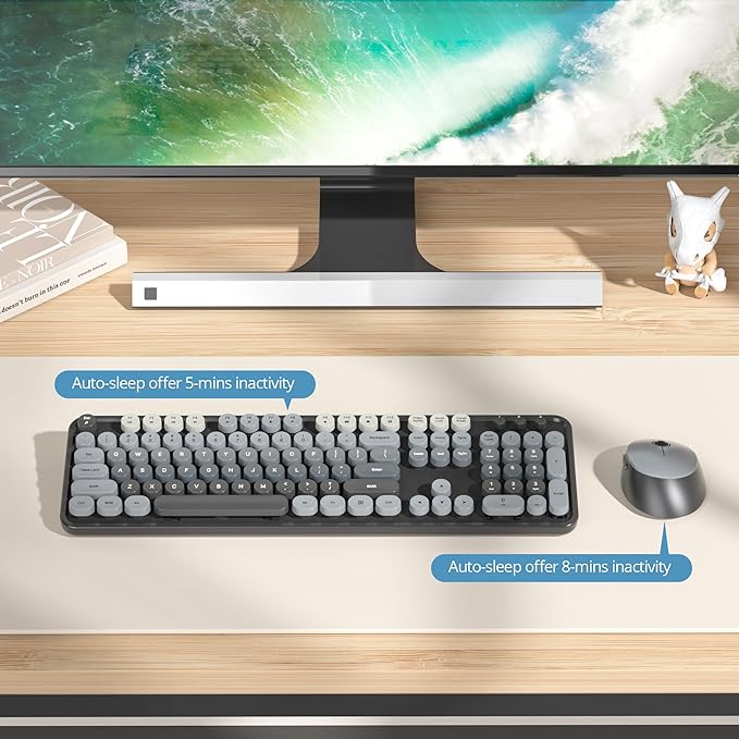 Wireless Keyboard and Mouse Set, Retro Typewriter, 2.4GHz Full Size 104-Key Cute Keyboard with Number Pad, Colorful Keyboard with Round Keycaps for Windows PC Laptop(Black Gray)