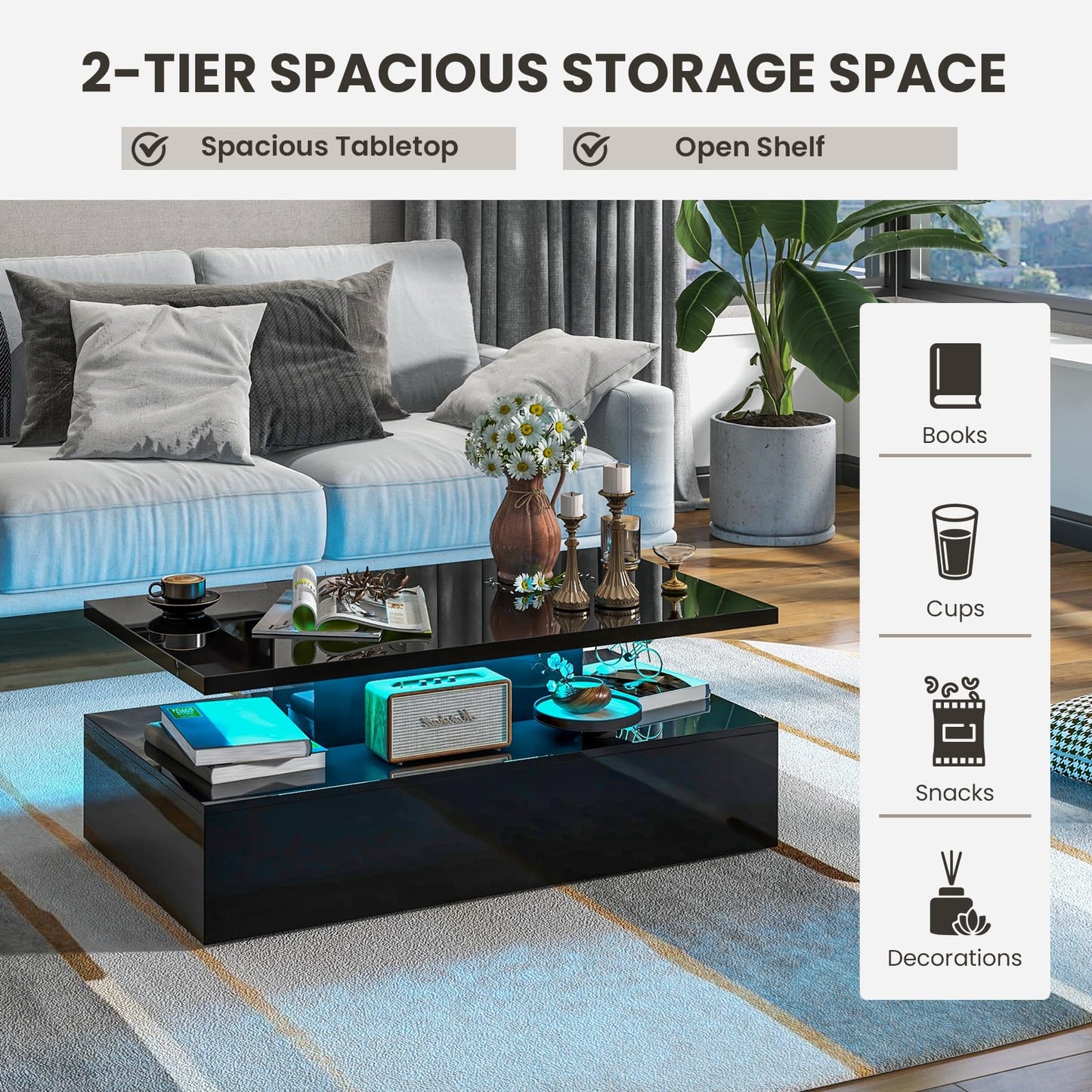 Tangkula LED Coffee Table, Modern High Gloss Coffee Table w/ 20-Color LED Lights, Adjustable Speed & Brightness, Remote Control, Open Shelf, 2-Tier Rectangle Living Room Center Table (Black)