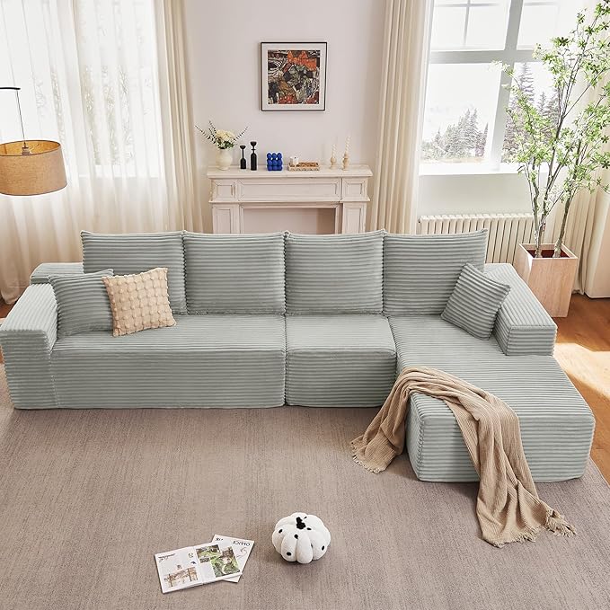 135.4" Cloud Sectional Couch with L-Shape Chaise, Modern Corduroy Boneless Couch for Living Room,Memory Foam Sofa with Deep Seat,No Assembly Required (Grey,Right-Facing Chaise)
