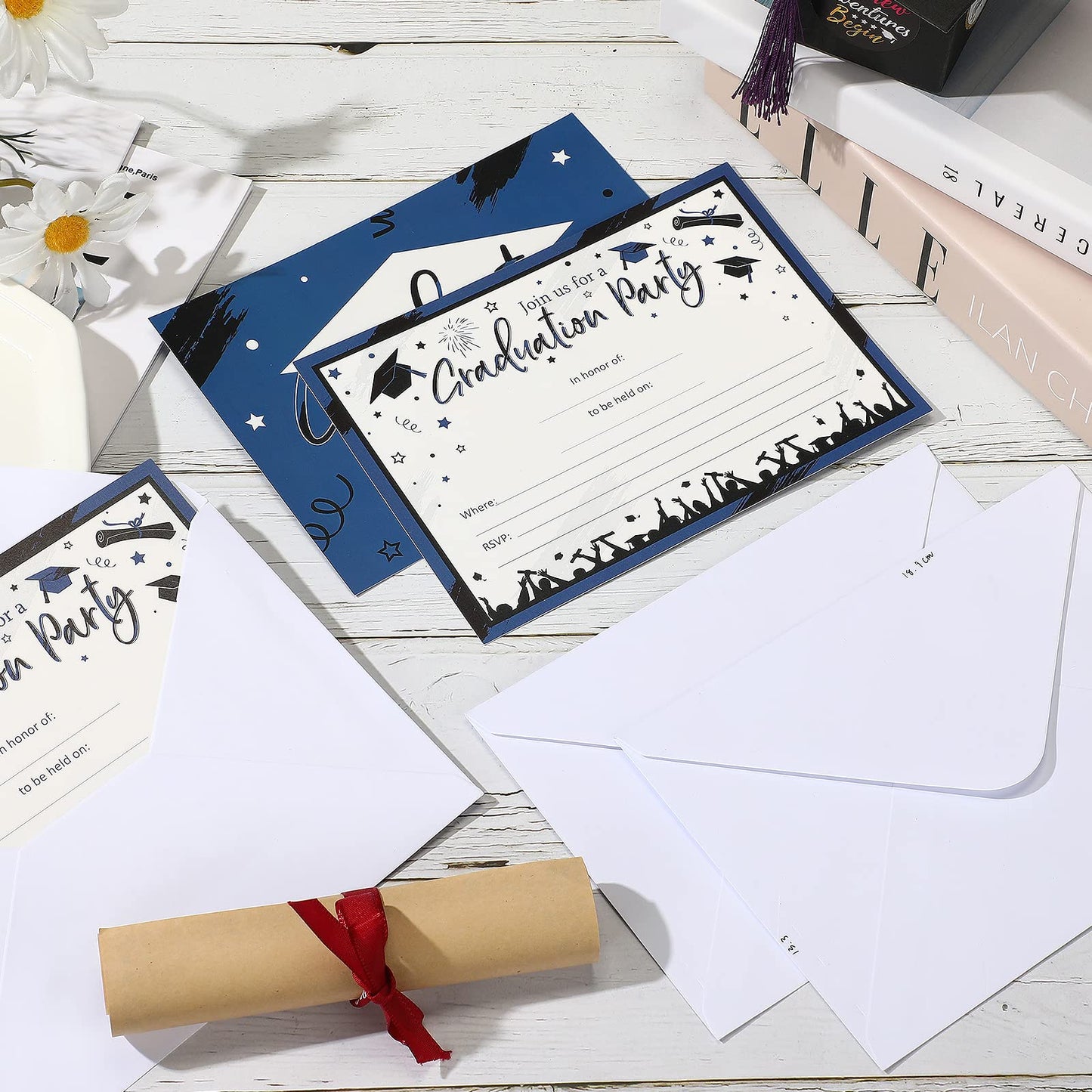 Yisong 30 Pcs Graduation Party Invitations Graduation Invite Cards with Envelopes Grad Announcement Cards for College High School University Grad Celebration Announcement Grad Party(Blue Black)