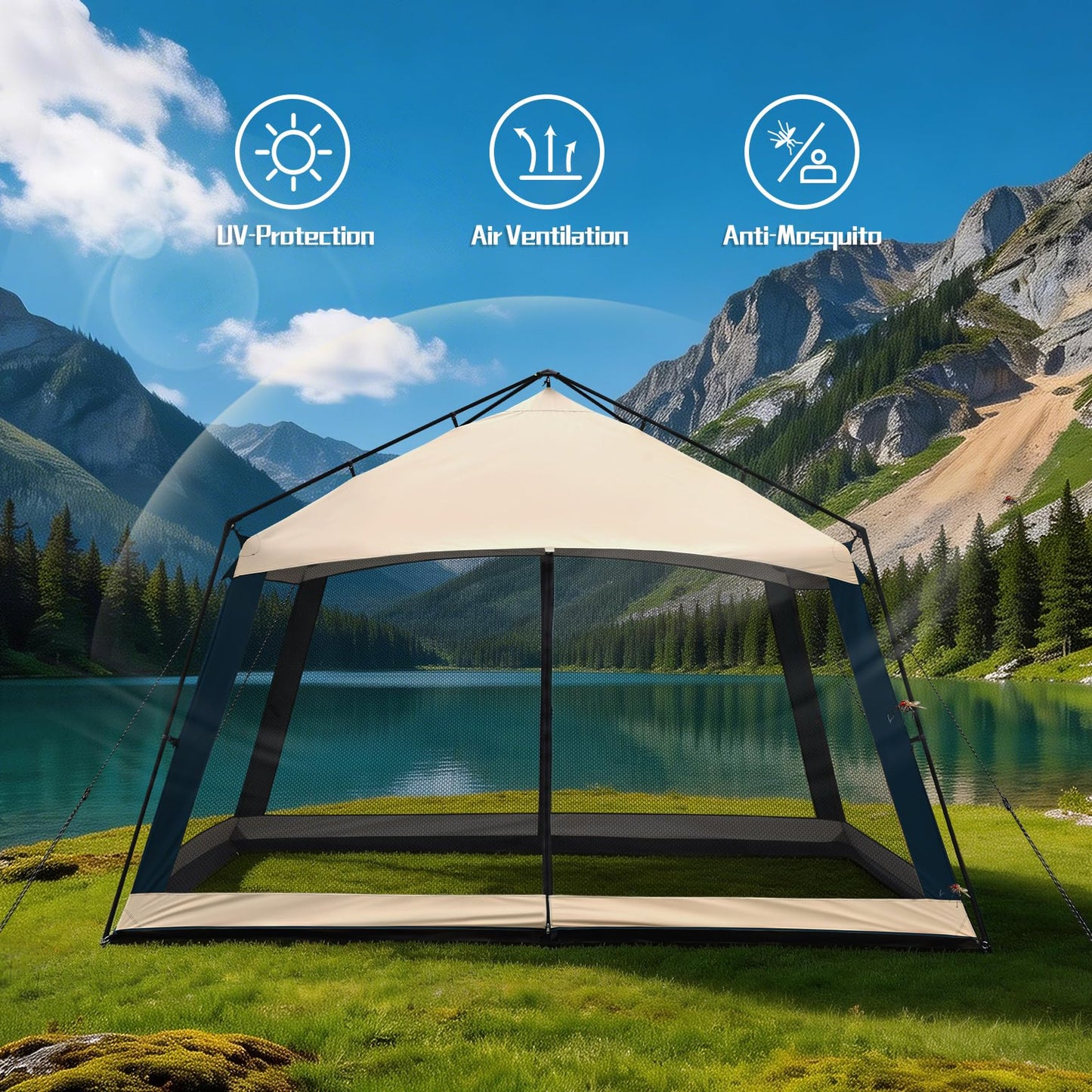 Superrella 12 x 12 FT Camping Screen Tent for 8-10 Person, Easy Setup Screen House with UV 50+ Sun Protection & Mosquito Net for Camping, Backyard, Picnic, Patio, Outdoor, Beige & Navy