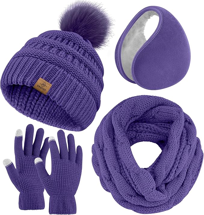 URATOT 4-In-1 Winter Warm Sets Knitted Scarf Touch Screen Gloves Beanie Pompom Hat and Winter Ear Warmer for Men or Women