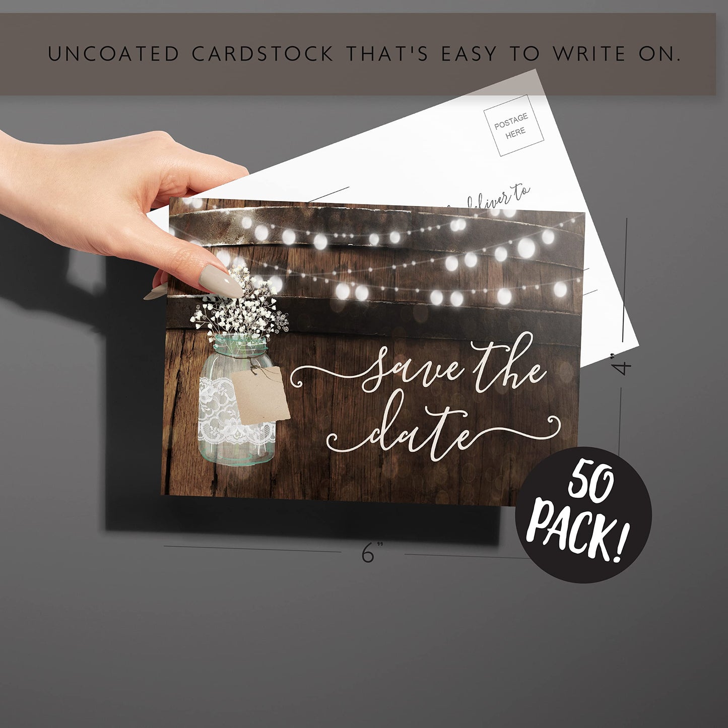 Your Main Event Prints 50 Rustic Mason Jar Save The Date Cards for Wedding, Engagement, Anniversary, Baby Shower, Birthday Party, Wood Save The Dates Postcard Invitations