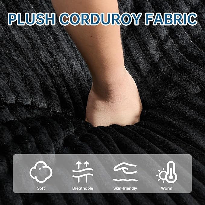 Asukale 60" Oversized Chaise Lounge Chair Indoor, Boneless Cloud Chair Bed with 4 Pillows & Armrests, No Assembly Corduroy Upholstered Sofa for Living Room, Bedroom, Apartment(Black)
