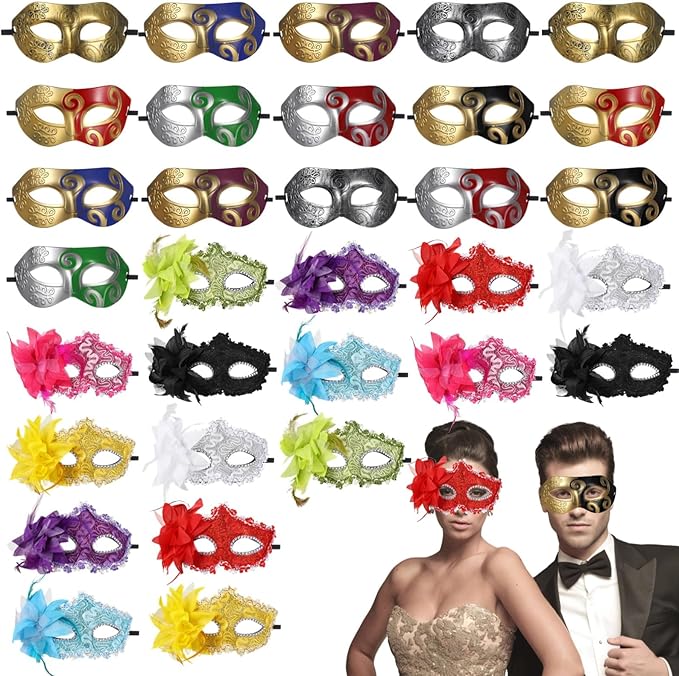 Toyosport 32 Pack Couple Masquerade Masks, Mardi Gras Mask, Christmas Masks, Elegant Feather & Rhinestone Half Face Masks ...