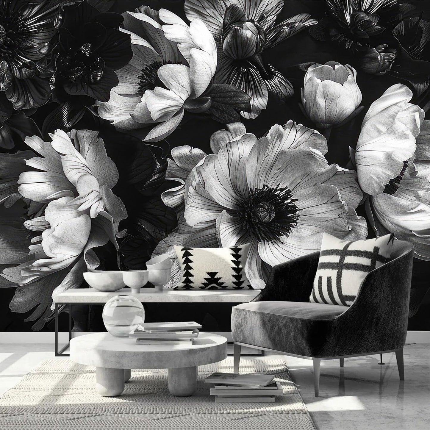 AFZEVEB-Black Peony Floral Wallpaper Vintage Large Flower Wall murals for Bedroom 182"x120"(Not Peel and Stick)