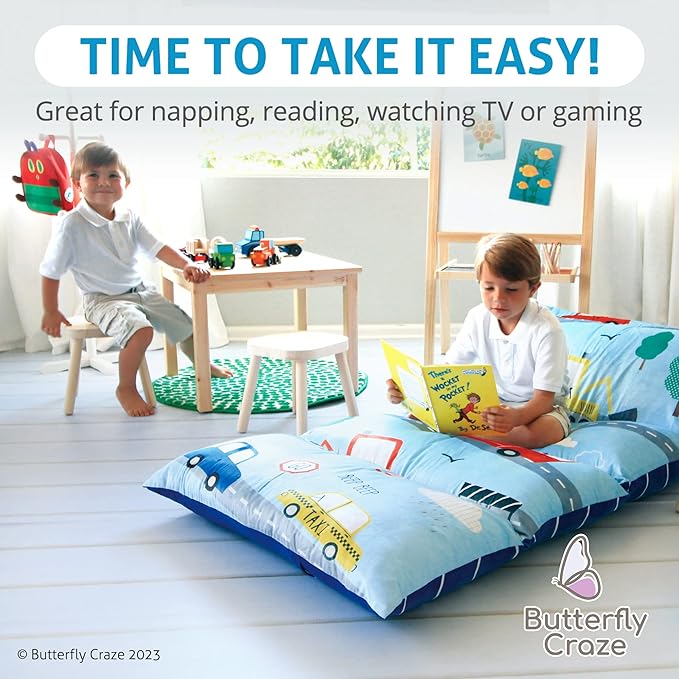 Butterfly Craze Floor Pillow Case - Reading Nook Lounger & Floor Bed - Portable Sleeping Pad for Travel & Camping - 5-Pocket Customizable Design for Ground Cushions - King Size, Cars Blue