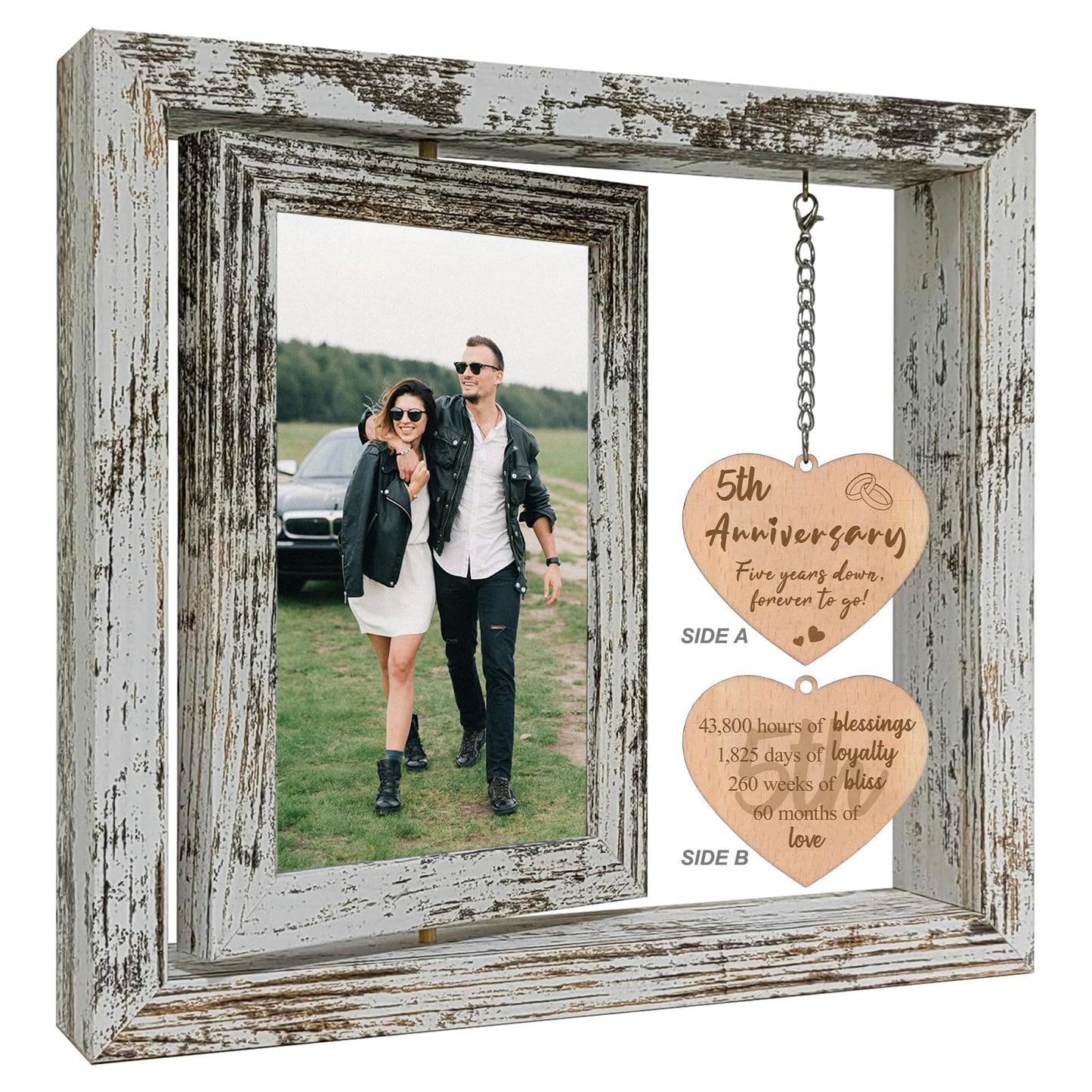 5 Year Anniversary Rotating Picture Frame for Her, Wood 5th Wedding Anniversary Photo Frame gifts for Wife Husband Him Couple, Display 2 6x4