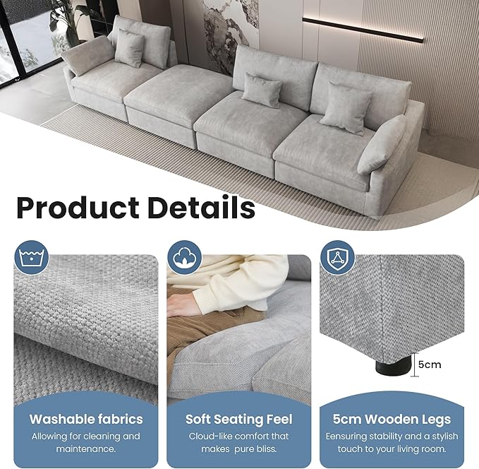 WJShome 83" Cloud Couch Sectional for Living Room, Down Filled Modular Sectional Sofa,L Shaped Sofas with Ottoman,Convertible Couch, Sofa Covers Washable&Replaceable,Gray