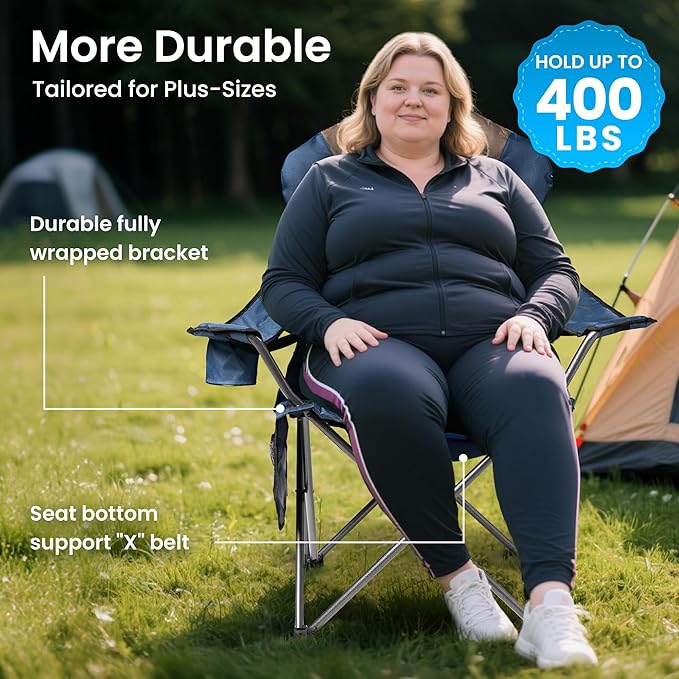 Foristrail 2 Pack Folding Camping Chairs for Adults - High Back Padded Outdoor Lawn Chairs with Lumbar Support & Cup Holder, 400lbs Heavy Duty Portable Camping Chairs Set (Light Blue & Brown, 2 PCS)