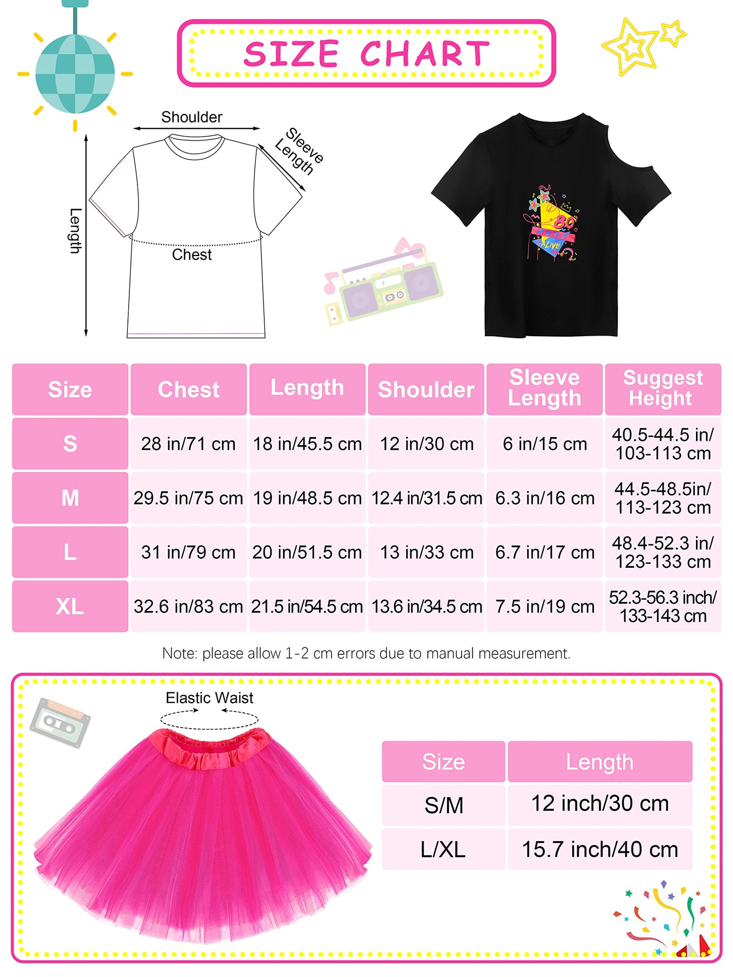 SOMSOC 13 Pieces Kids 80s Costume Accessories Set Girl's 80s Cosplay T-shirt Tutu Outfit Headband Necklace Gloves Leg Warmer