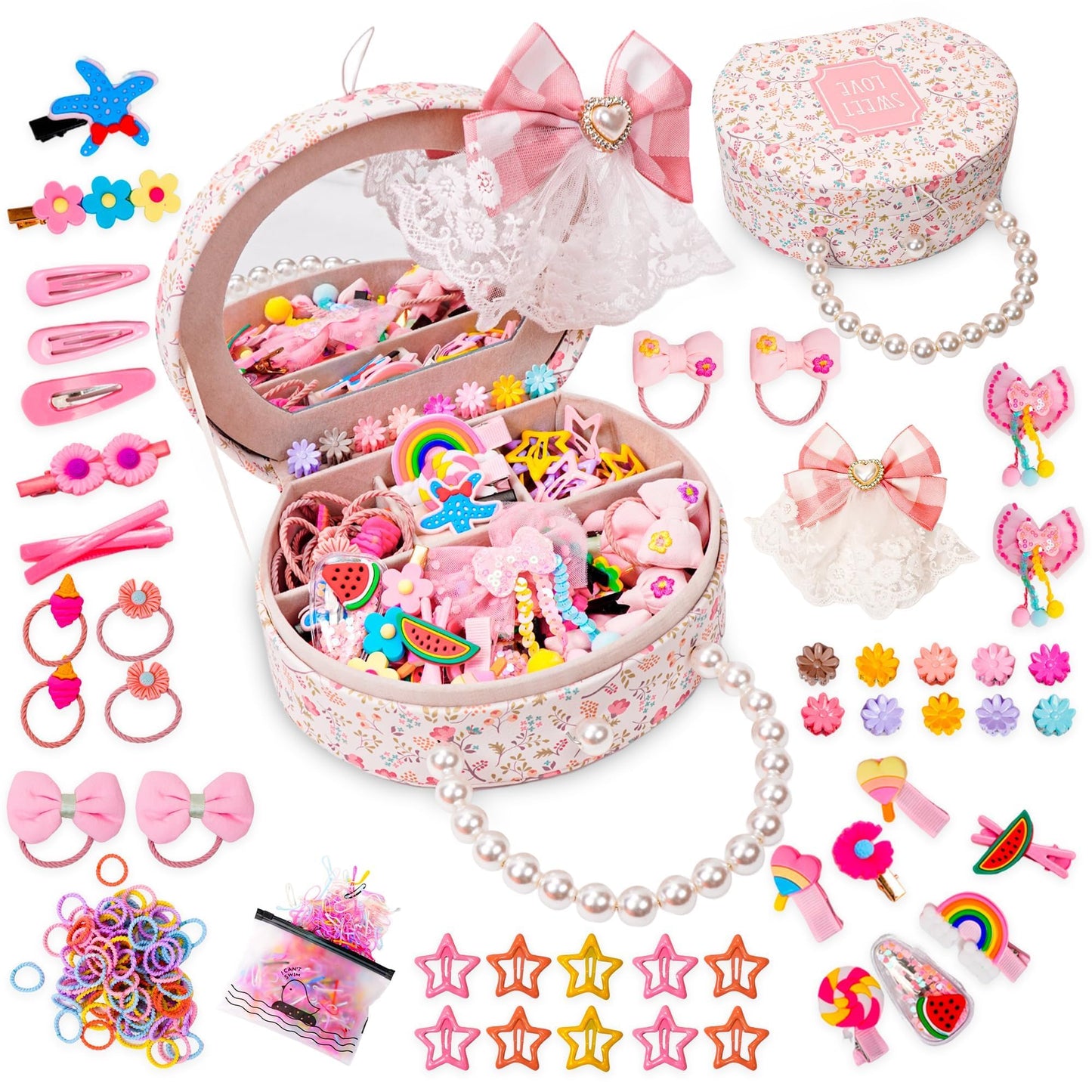 Hair Accessories for Girls Hair Clips Including Jewelry Box Hair Stuff Hair Barrettes Hair Ties Hair Bows Teen Girl Gift Toys for Girls Age 3-12