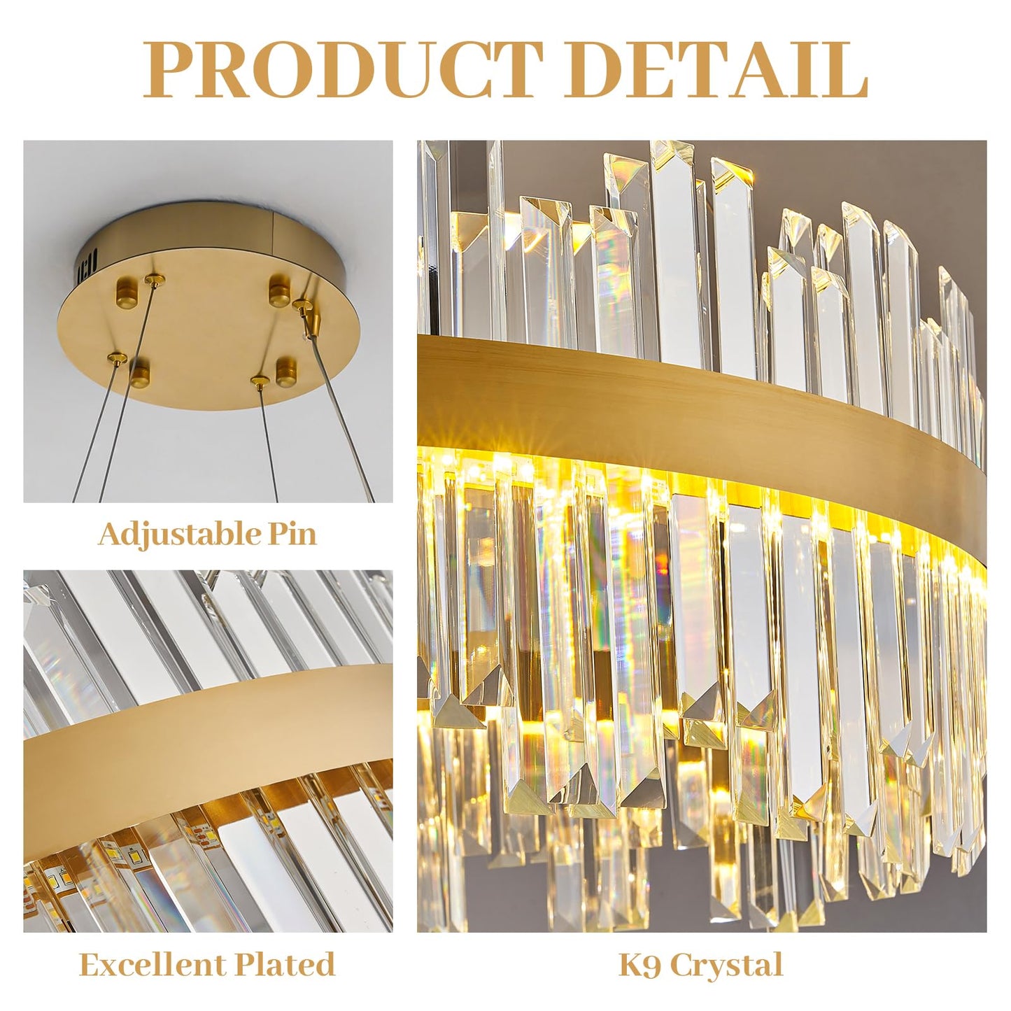 23.6" Dimmable Modern LED Crystal Chandeliers,Gold Chandelier Light Fixture, 3 Colors Contemporary Pendant Ceiling Light for Dining Room Living Room Kitchen Island Entryway Foyer ,With Remote Control