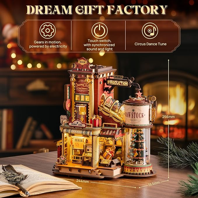 ROKR 3D Puzzle for Adults Christmas Dream Gift Factory Wooden Model Kit Luminous Factory DIY Dollhouse Kit Building with Music, Lights and 5 Elves for Adults