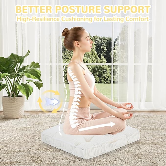 PRIMEPATIO Square Floor Pillow for Adults, Tufted Floor Cushion for Sitting, Large Meditation Cushion, Thick Corduroy Seat with Handle, Tatami Seating for Yoga, 22x22 Inch Beige, 2Pack