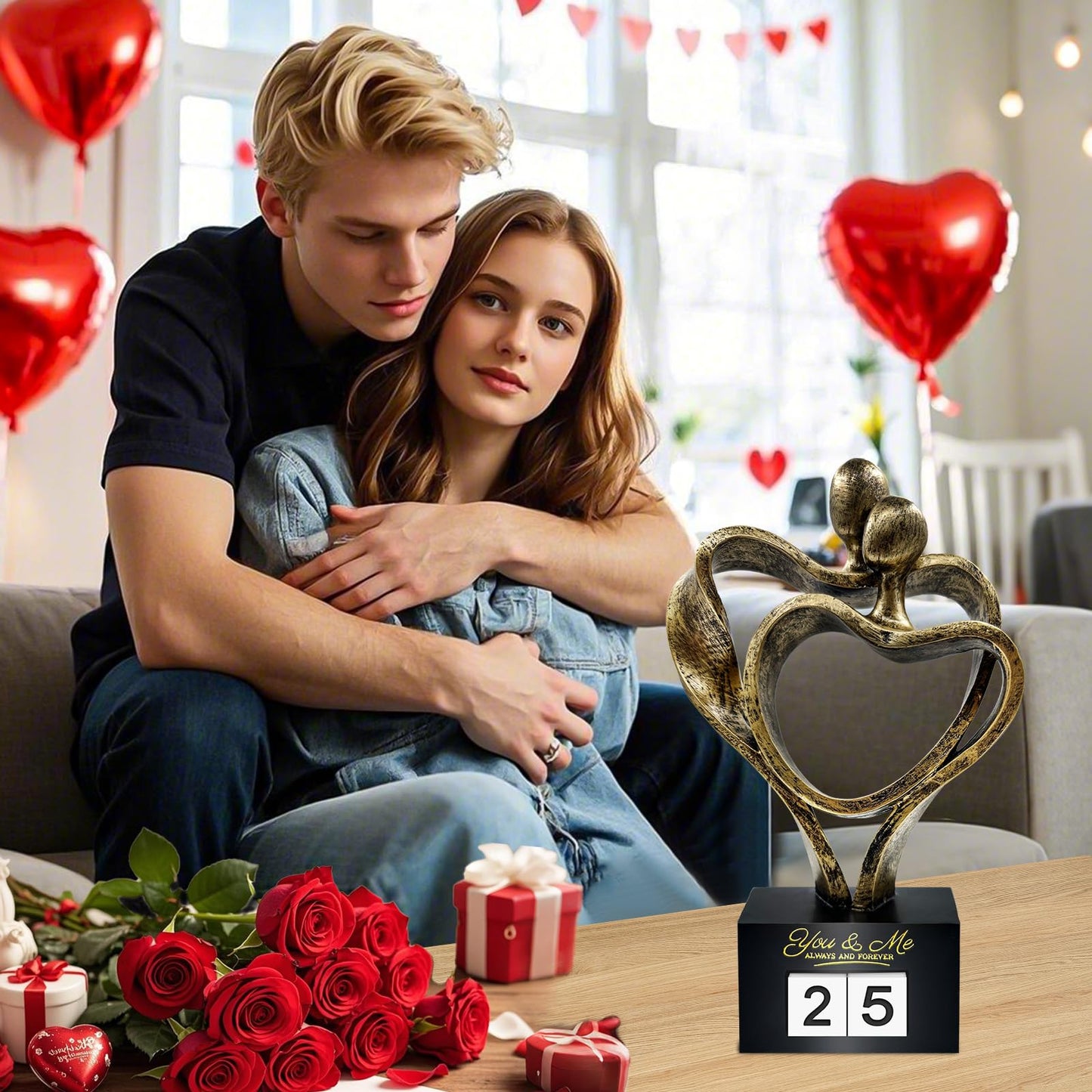 Anniversary Wedding Gifts for Couple Parents Wife Husband(1-99 Years) , Romantic Heart Decoration Couple Sculpture Love Statue for Her and Him, Anniversary Weddings Valentine's Gifts Home Decor(S)