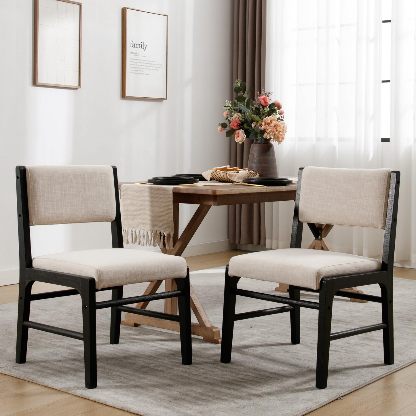 BESTANO Beige Linen Upholstered Dining Chairs Set of 2 Farmhouse Black Wooden Kitchen Dining Chairs Armless Side Chairs with Back