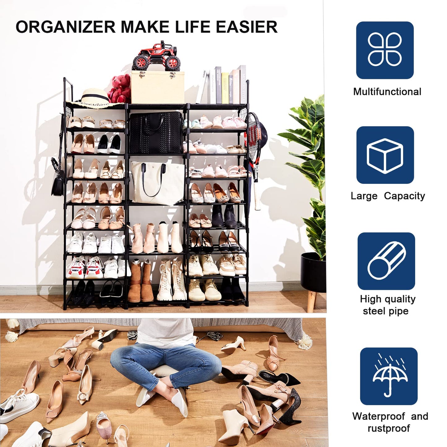 Mavivegue 9-Tier Metal Shoe Rack - Holds 50-55 Pairs, Tall Storage Shelf for Shoes, Boots, Entryway, Closet, Garage