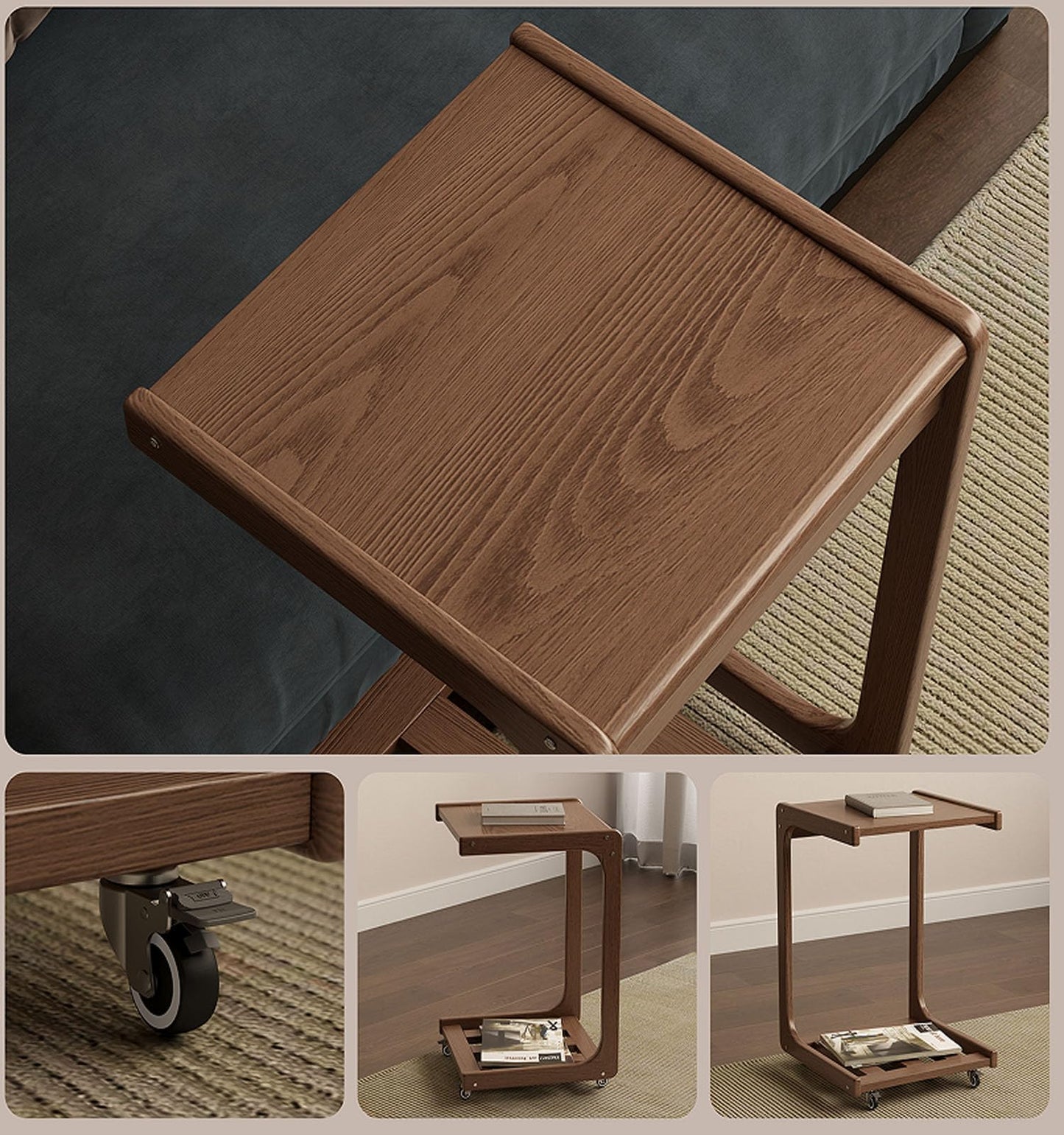 TIMBERKNOWS Soild Wood Rolling Side Table Desk,C-Shaped End Table with Wheels,Rolling end Table,TV Tray Table for Couch Sofa/Bed,Small Overbed Bedside Tray Table with Storage