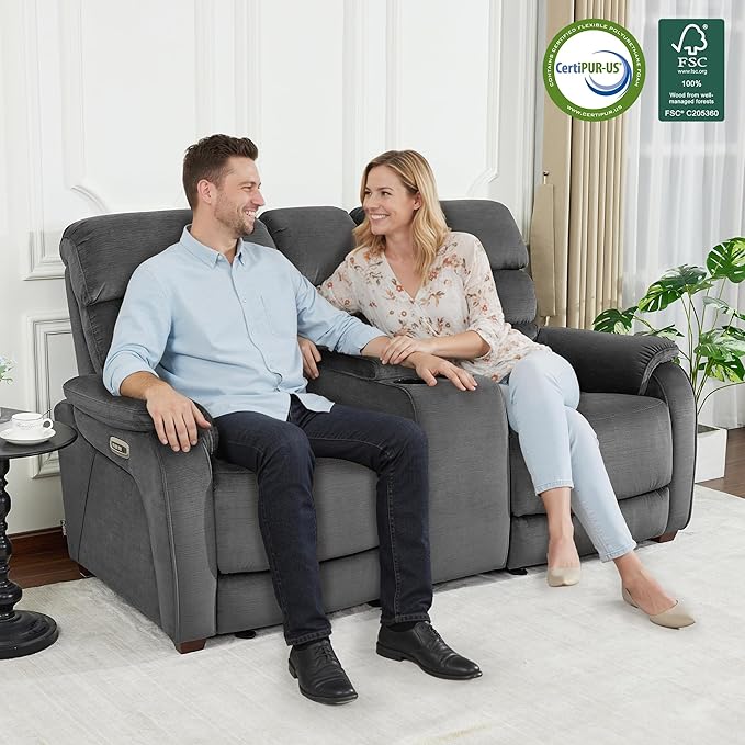 MCombo 73.8'' Wall Hugger Power Loveseat Recliner, Reclining Loveseat with Console, Adjustable Headrest, USB Charge Ports, Cup Holders, for Living Room, RVs, Small Spaces, Fabric ST258M2 (Dark Grey)