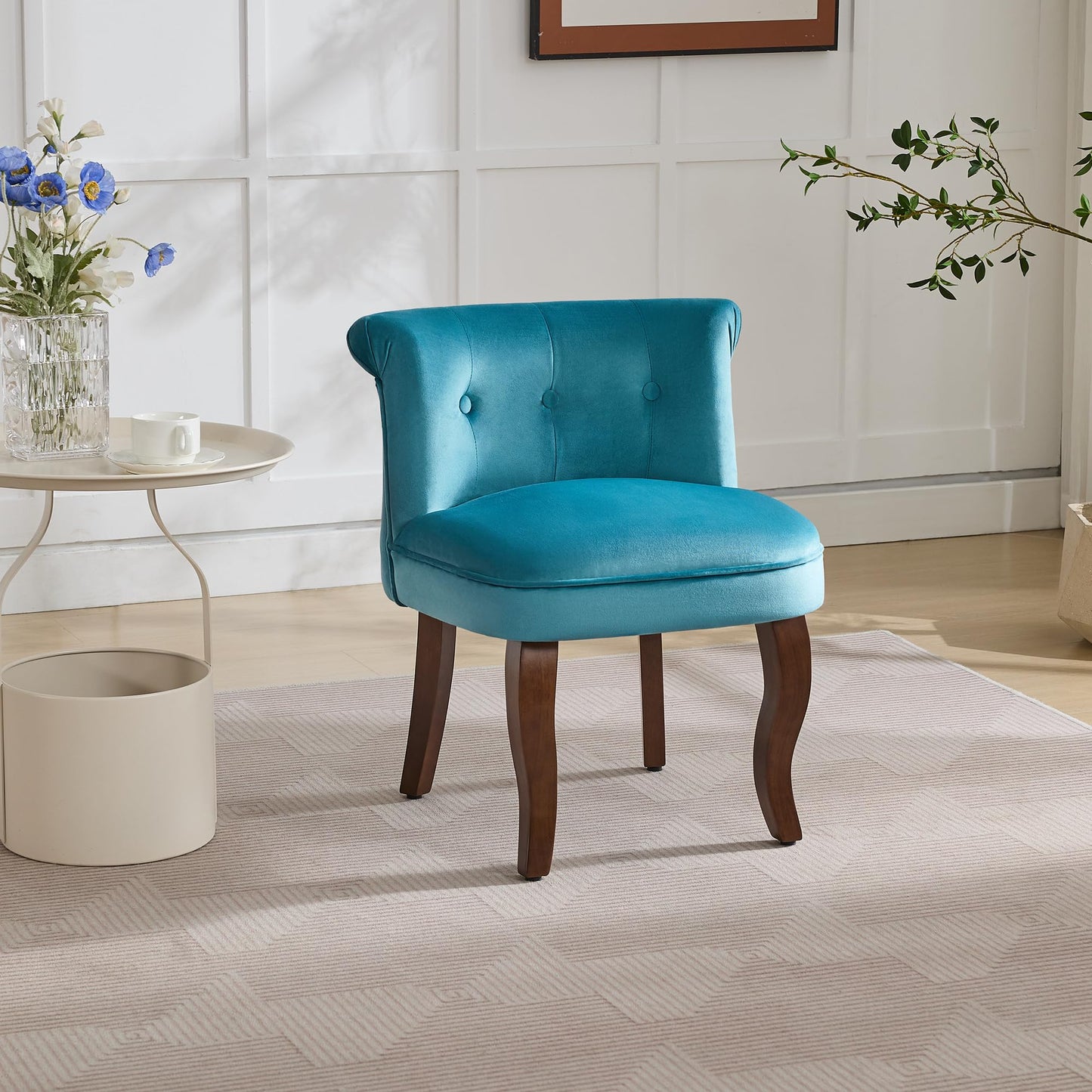 Velvet Vanity Chair with Back, Tufted Upholstered Vanity Stool with Solid Wood Legs, Mid Century Small Makeup Chair for Vanity, Accent Chair for Bedroom, Living Room, Teal