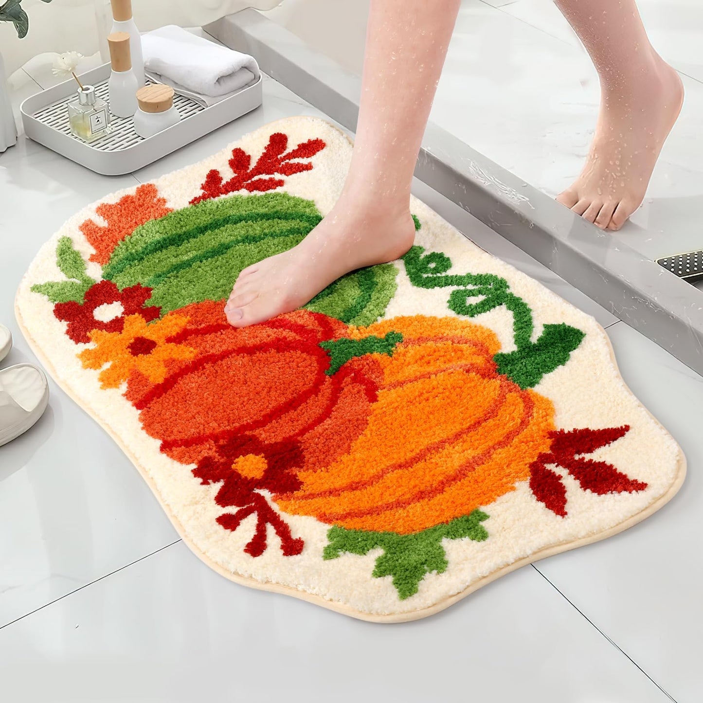 Percozzi Fall Pumpkin Bathroom Rug, Bath Mat Water Absorbent Non-Slip Washable for Shower Tub Bedside Floor Small Tufted Carpet Halloween Thanksgiving Accent Area Rug Decoration